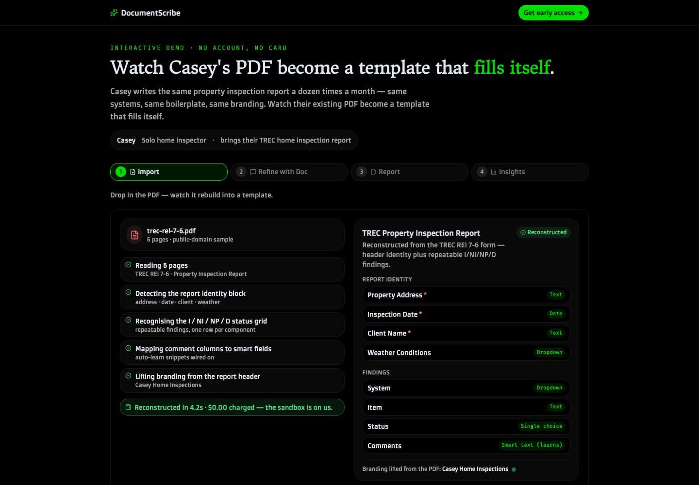 DocumentScribe’s public walkthrough importing a sample inspection PDF